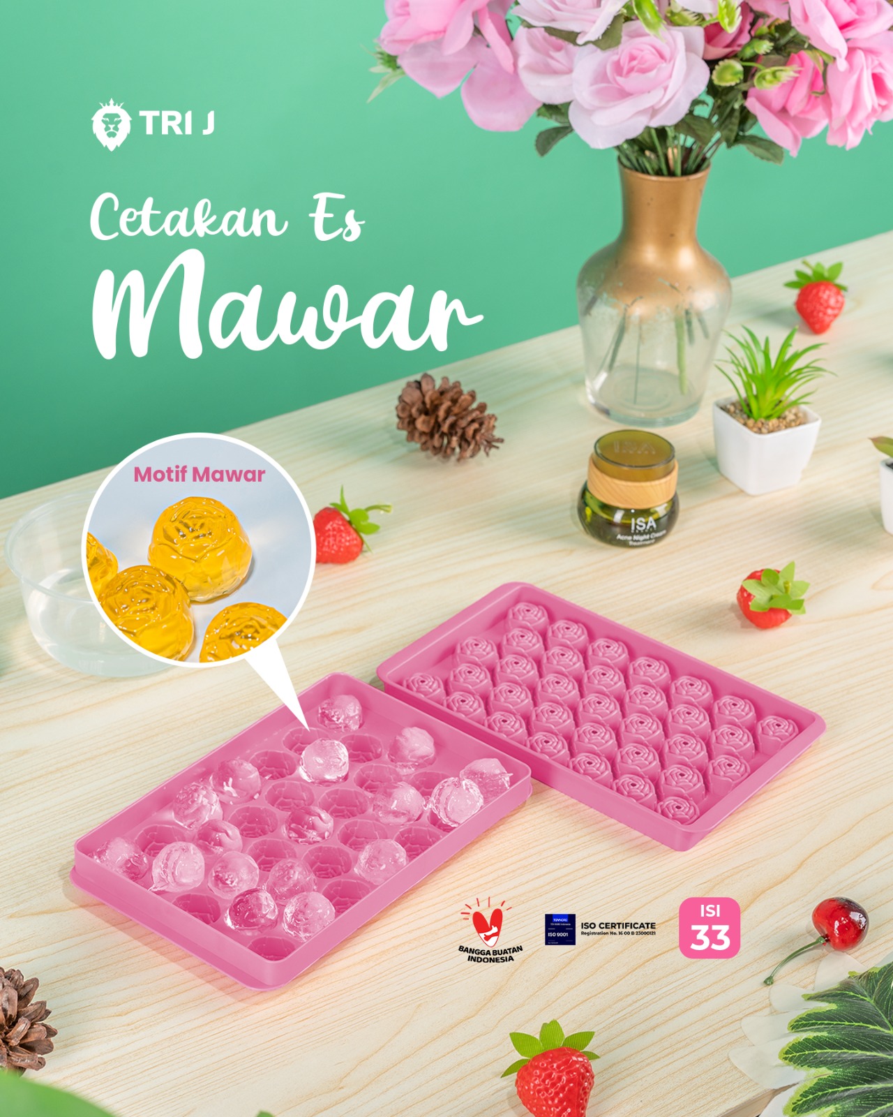 TRI J - Cetakan Es Motif Mawar + Tutup Isi 33 - Cetakan Es Batu Jelly