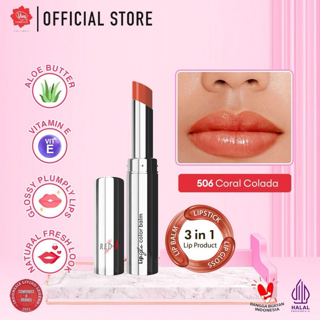 Red-A Lip Glo Color Balm 3in1 - 506 Coral Colada (Lip Glow + Lip Balm + Lipstick)