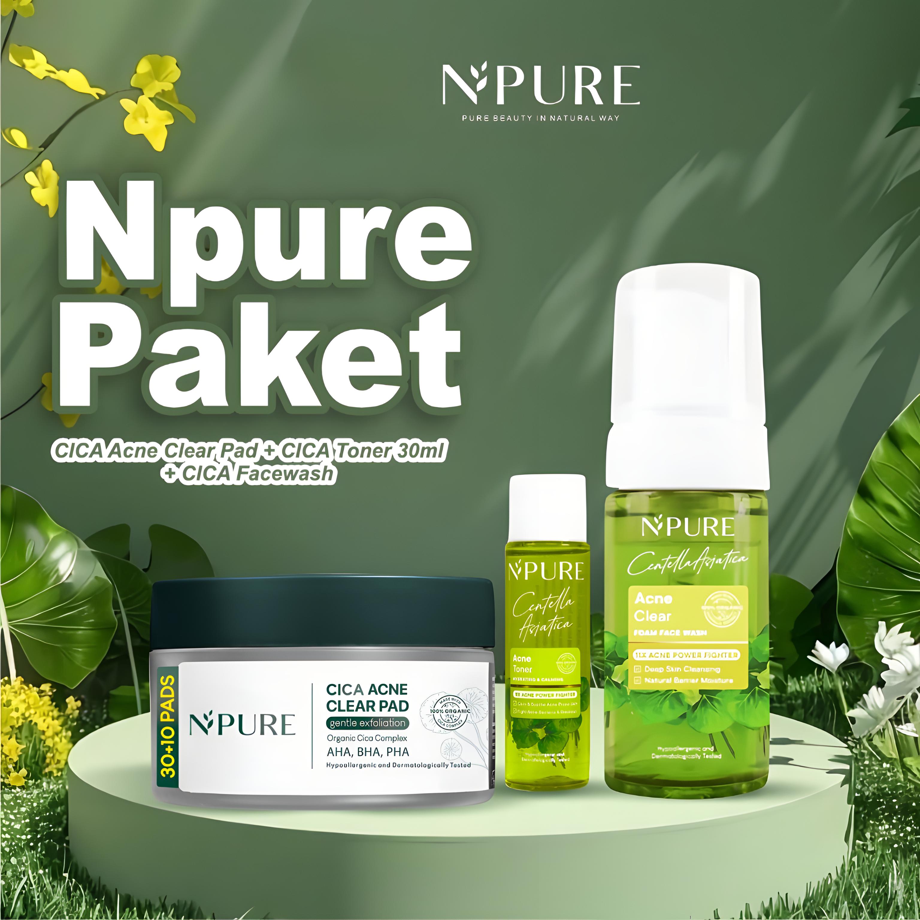 Npure Acne Gentle Exfoliating Bundling - Centella Face Wash 100ml, Centella Face Toner 30ml, Cica Acne Clear Pad 30+10pads (Buy 2 Free 1)