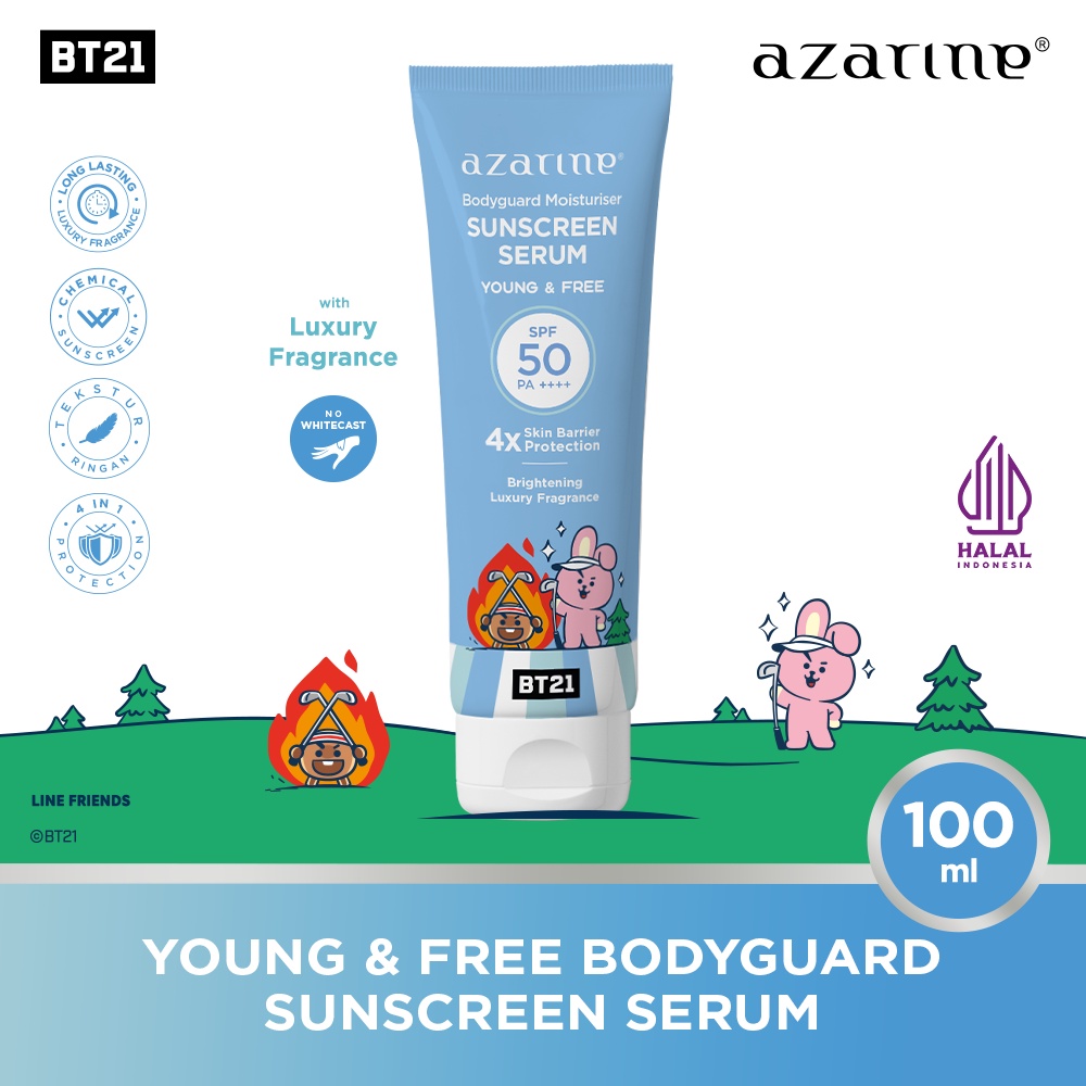 Azarine x BT21 Body Guard Moisturizer Sunscreen Serum SPF50 PA++++ 100ml - Young & Free (Biru)