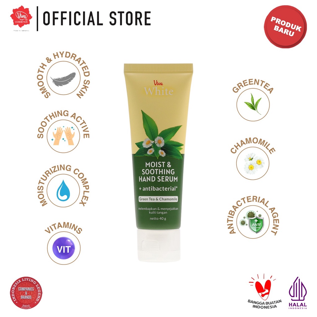Viva White Hand Serum + Antibacterial 40gr - Green Tea & Chamomile (Hijau)