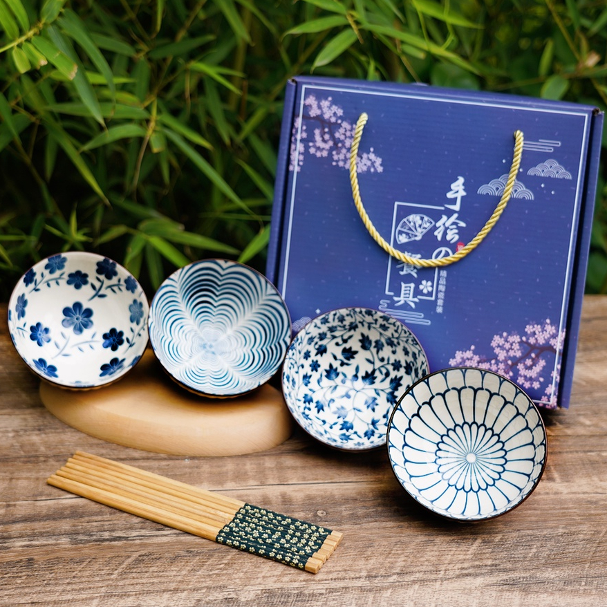 (Isi 4pcs) Mangkok Set Sumpit - Mangkok Souvenir Keramik Premium