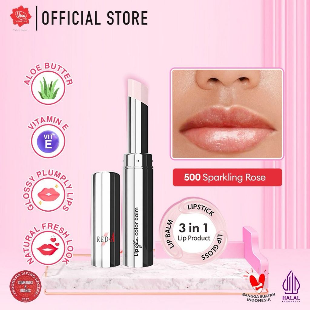 Red-A Lip Glo Color Balm 3in1 - 500 Sparkling Rose (Lip Glow + Lip Balm + Lipstick)