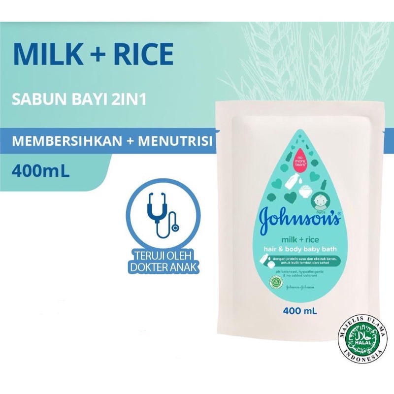 Johnsons Baby Hair & Body Baby Bath - Milk Rice REFILL 400ml (Free Tumbler)