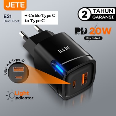 JETE Charger E31 Adaptor USB-C & USB-A + Kabel Type C to Type C (20W)